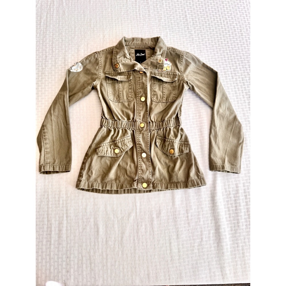 Me Jane Girls Olive Green Utility Field Jacket Sequin Unicorn Patch Size 8